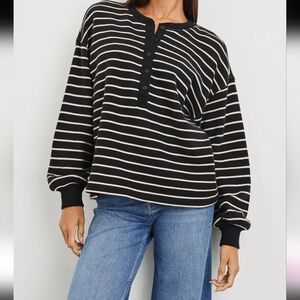 Rails Joan Black Ivory Striped Button Round Neck 100% Cotton Sweater Size XL